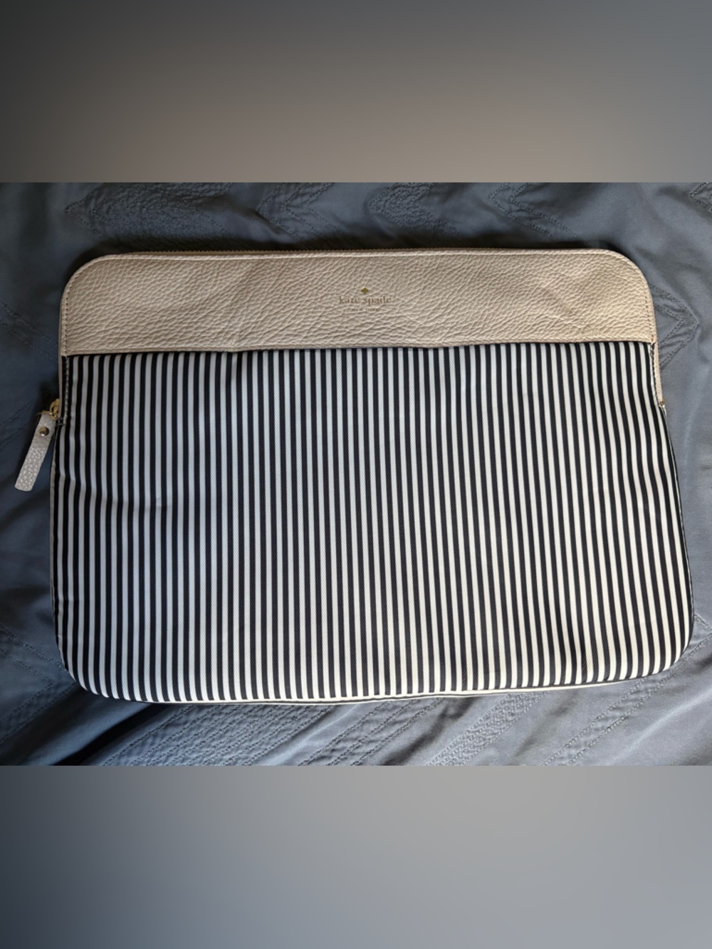 Kate Spade Black & White Striped Laptop Sleeve with Cream Trim